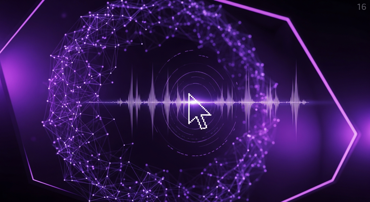 Glowing neural network with audio waveforms on a dark violet background