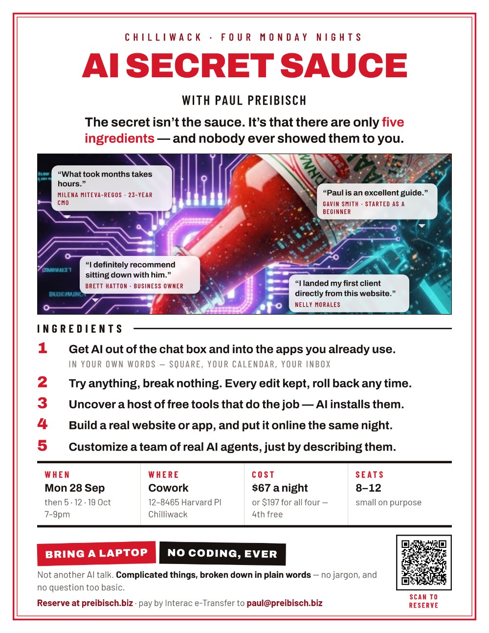 The AI Secret Sauce poster — four Monday evenings at Cowork Chilliwack starting September 28, 2026, with a QR code to the event page