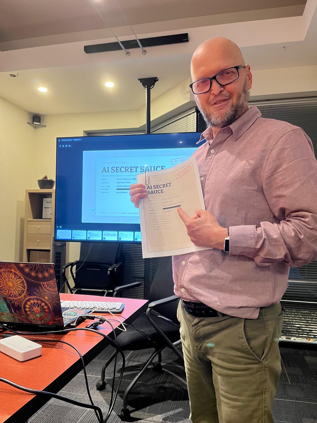 Handing out the printed case file to everyone in the room at AI Secret Sauce Night One