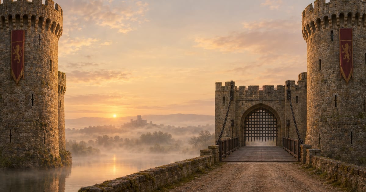 A stone castle gatehouse at sunrise, the artwork from the Keys to Your Private Kingdom slide in the Night Two presentation