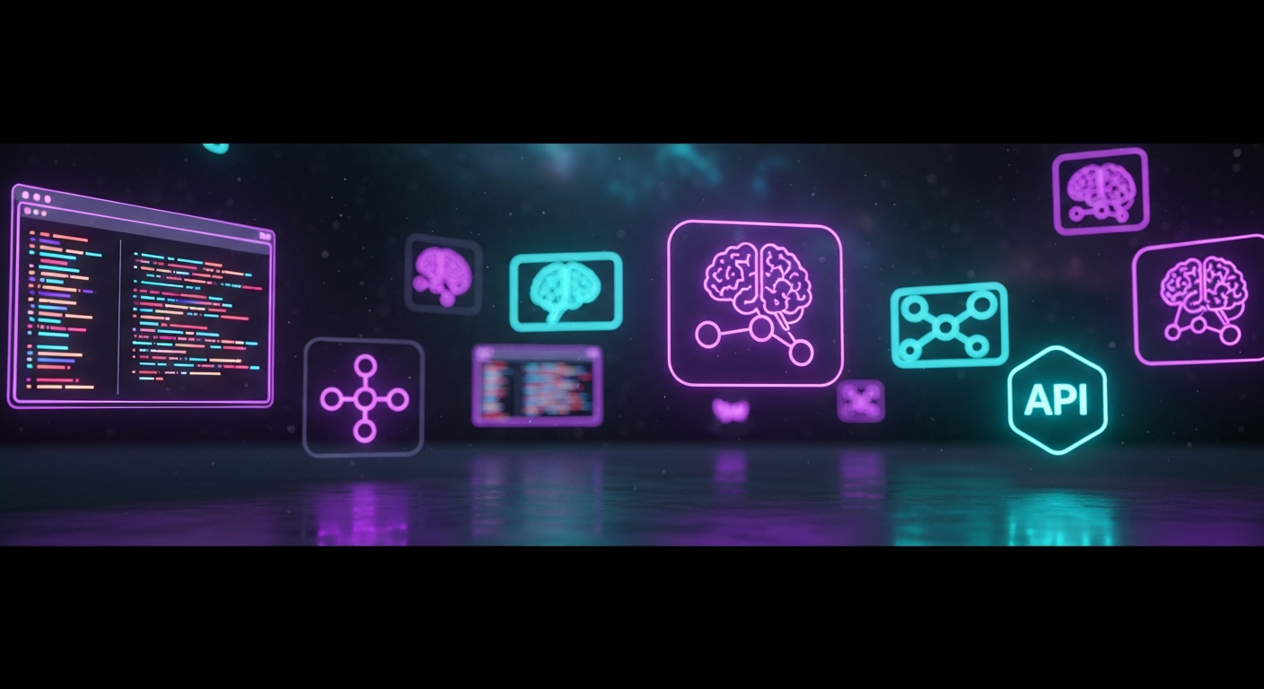 Holographic AI tool icons floating in a dark futuristic space