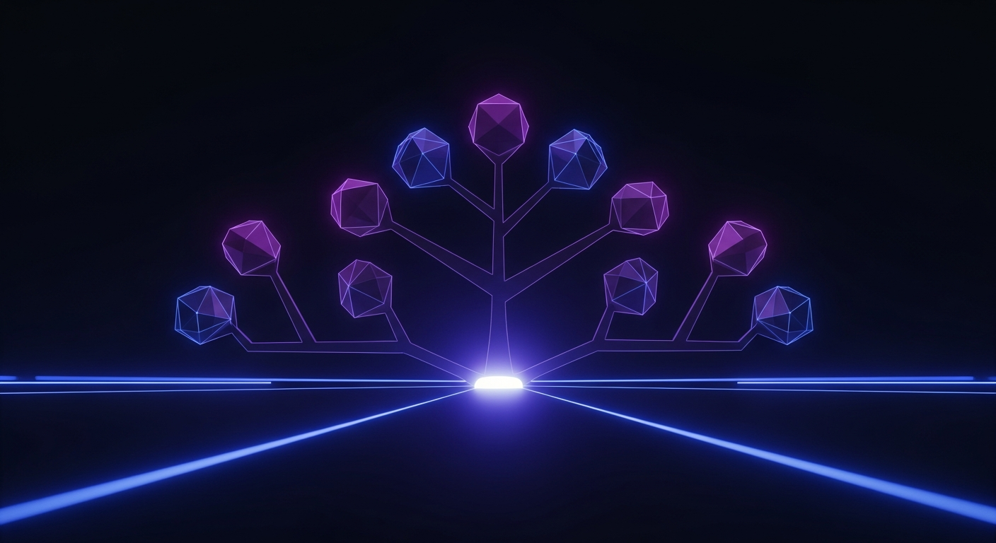 Glowing Socratic dialogue tree branching in violet and indigo on a dark background