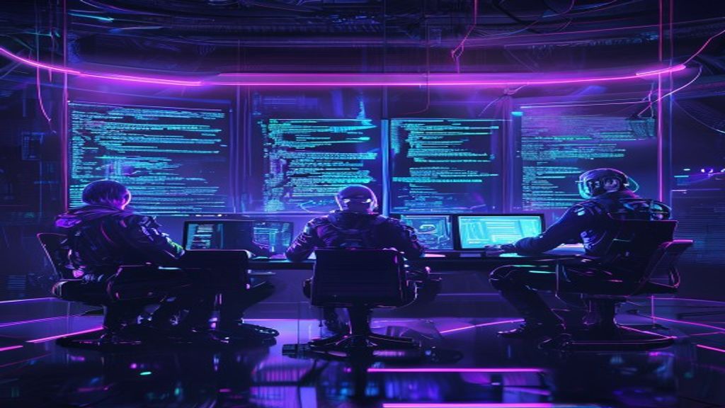 Five adversarial AI code reviewers around a holographic terminal with neon lighting
