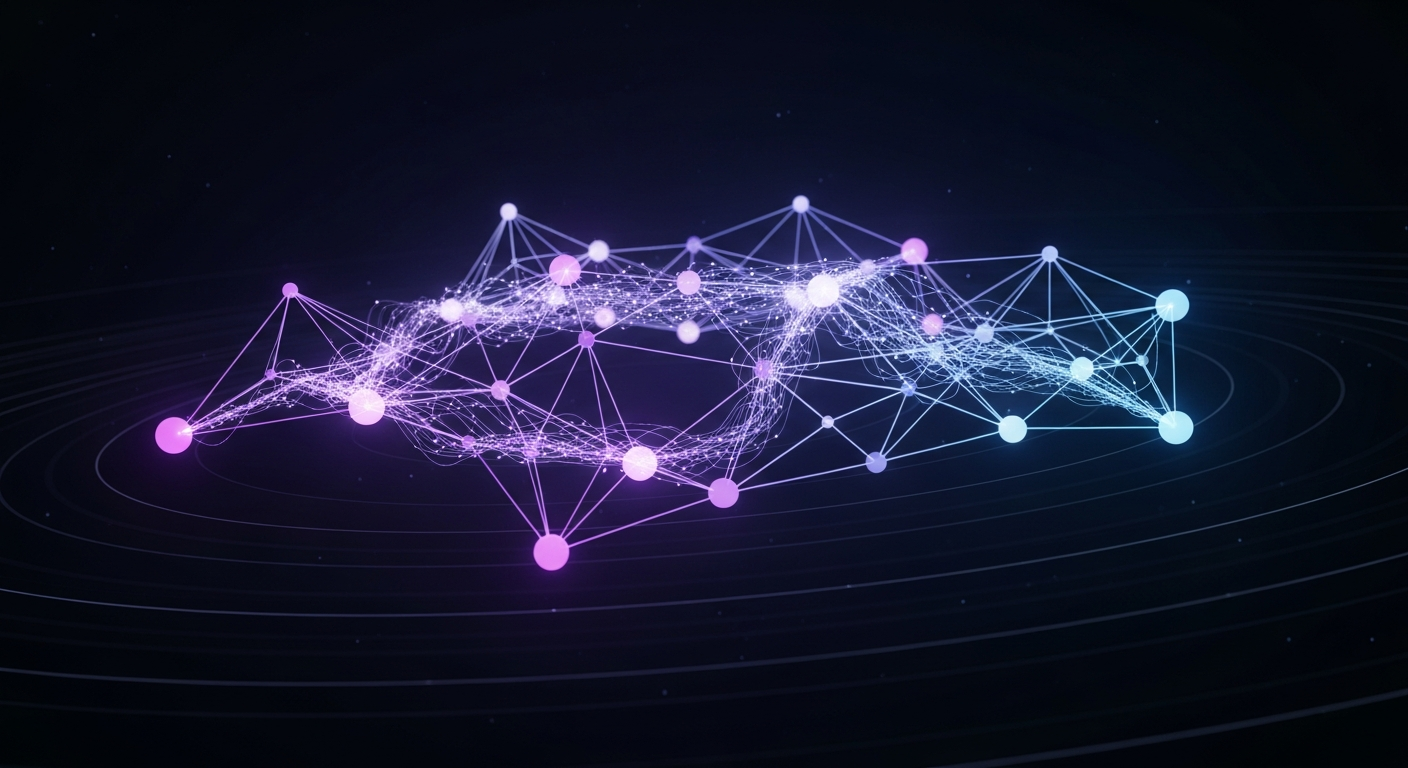 Interconnected AI agent nodes in violet and indigo with flowing data streams