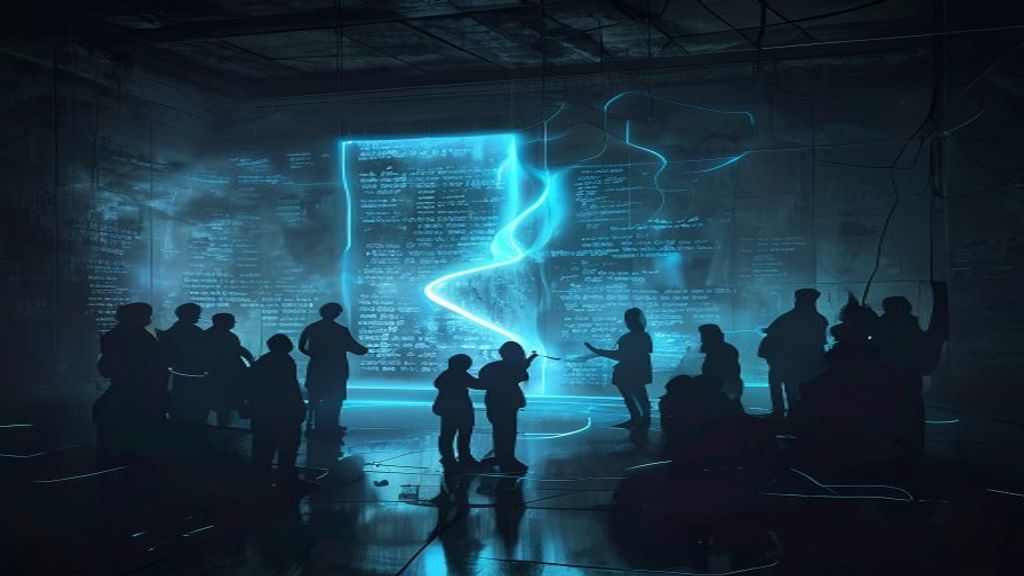 Shared memory scroll glowing in an AI party room with silhouetted characters