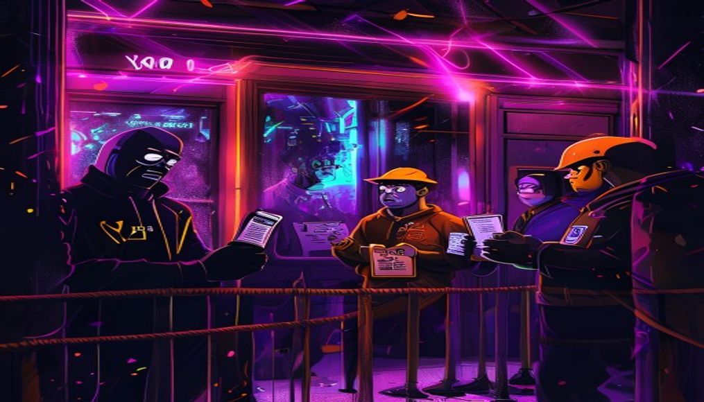 AI agent characters Vex, Grumbal, Boundary, Yui, and Dana queuing for a bouncer outside a neon nightclub party