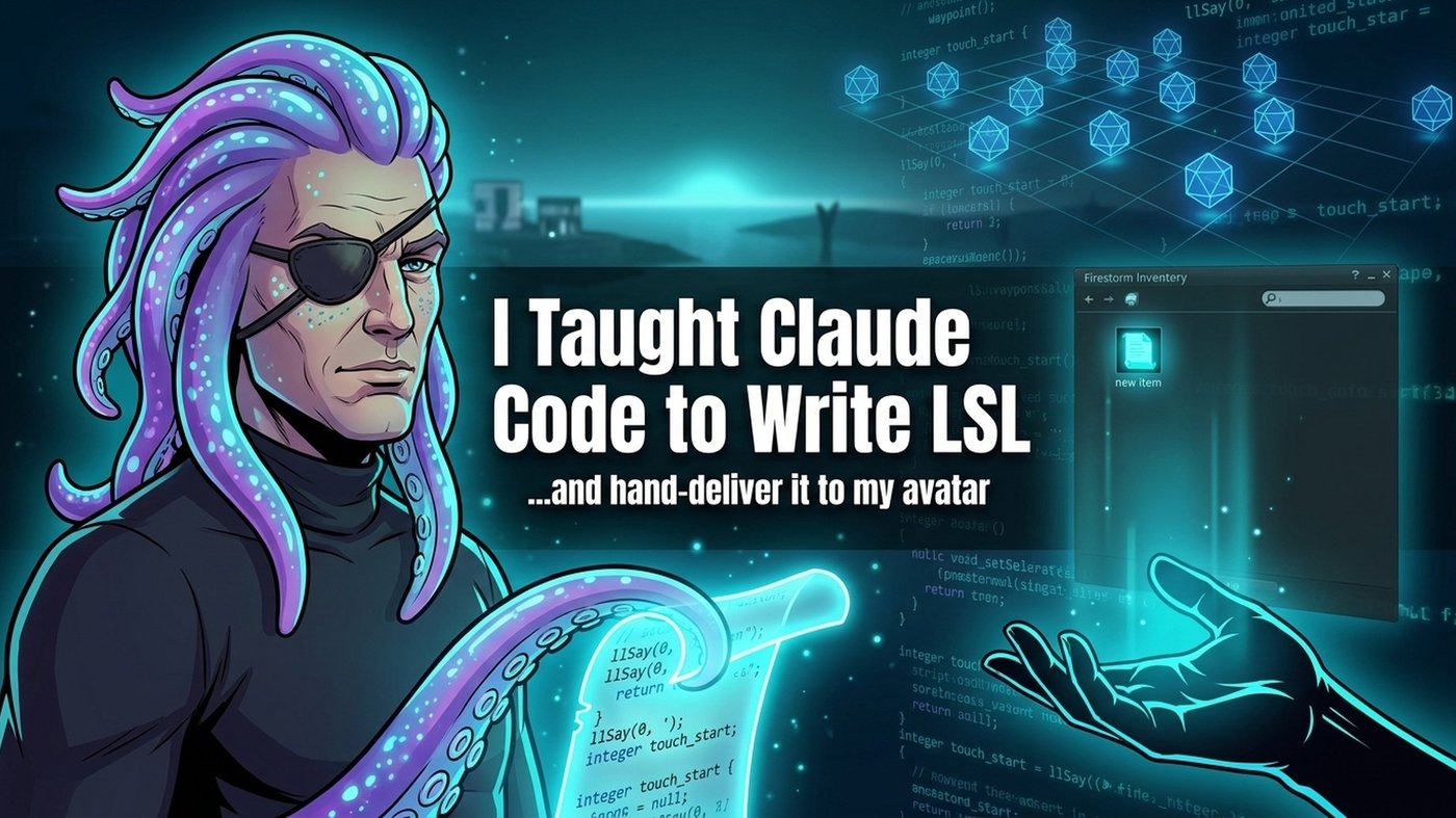 Claude Code writing LSL and delivering a script scroll to a Second Life avatar — digital twin waypoint markers in the background