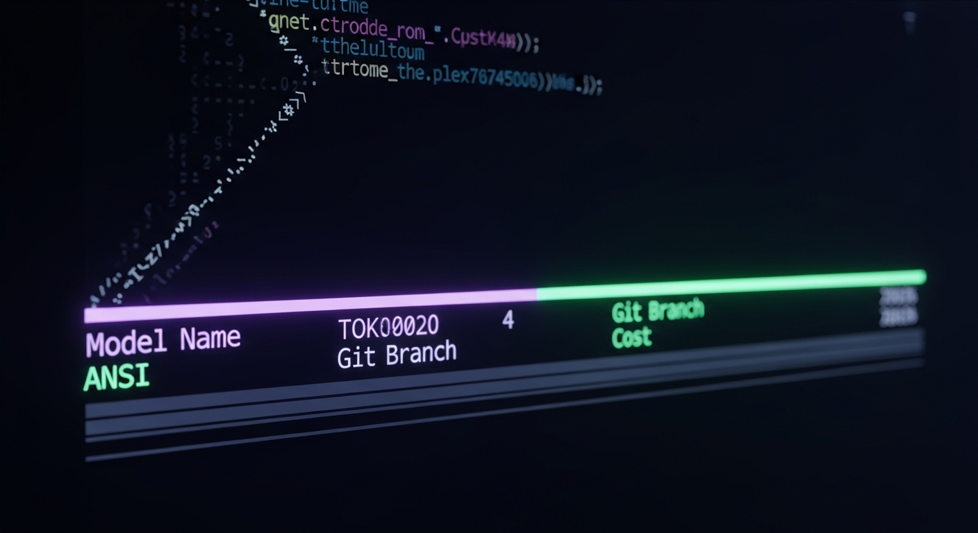 Dark terminal screen with a glowing multi-line status bar showing colored AI session metrics