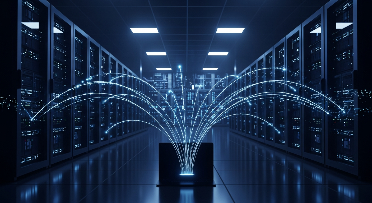 Server rack lights in deep blue and violet with SSH connection beams