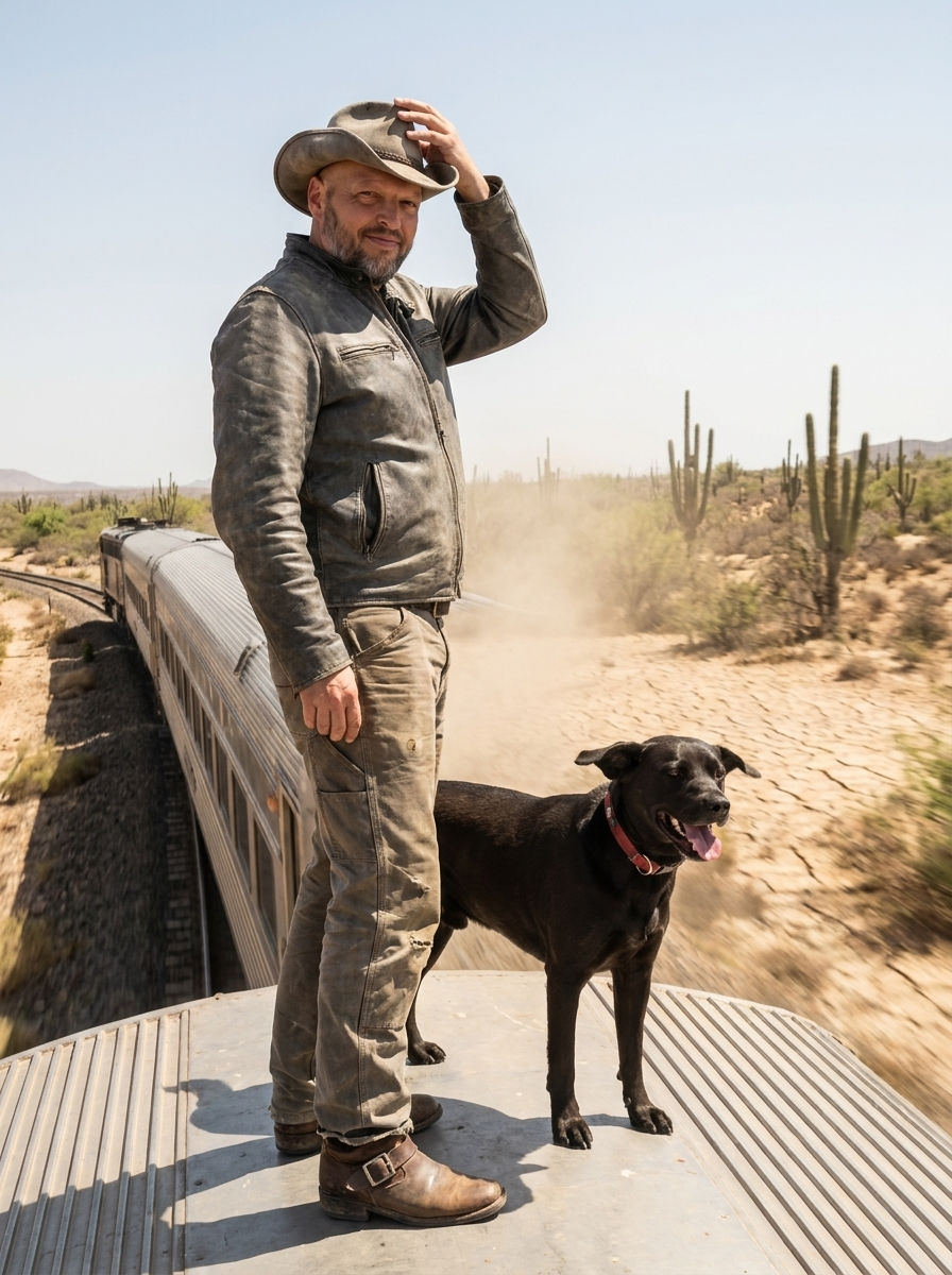 Paul and Midnight standing on the train roof — Higgsfield AI character generation