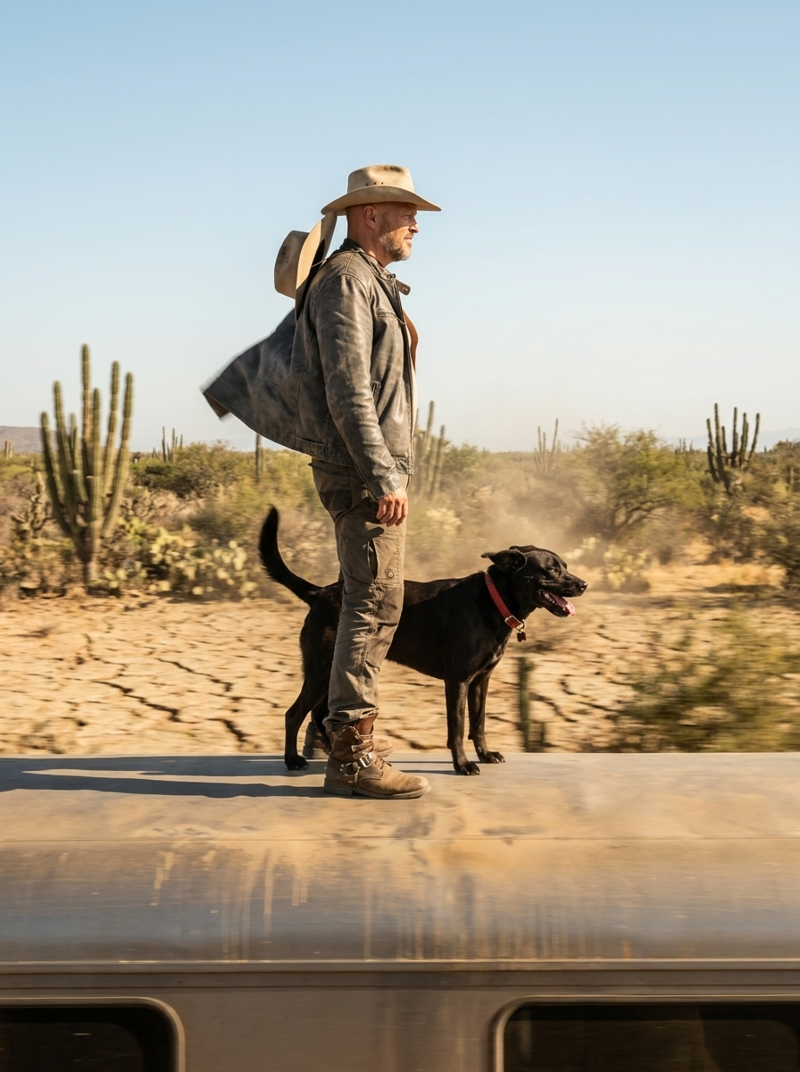 Side view — Paul and Midnight on the speeding train, Baja desert