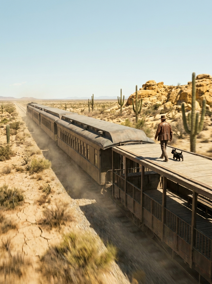 Paul and Midnight walking on top of a speeding train through the Baja desert — generated with Higgsfield AI