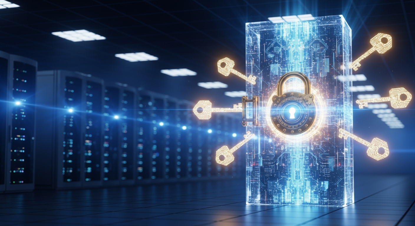 Secure vault with glowing key icons on a dark server infrastructure background