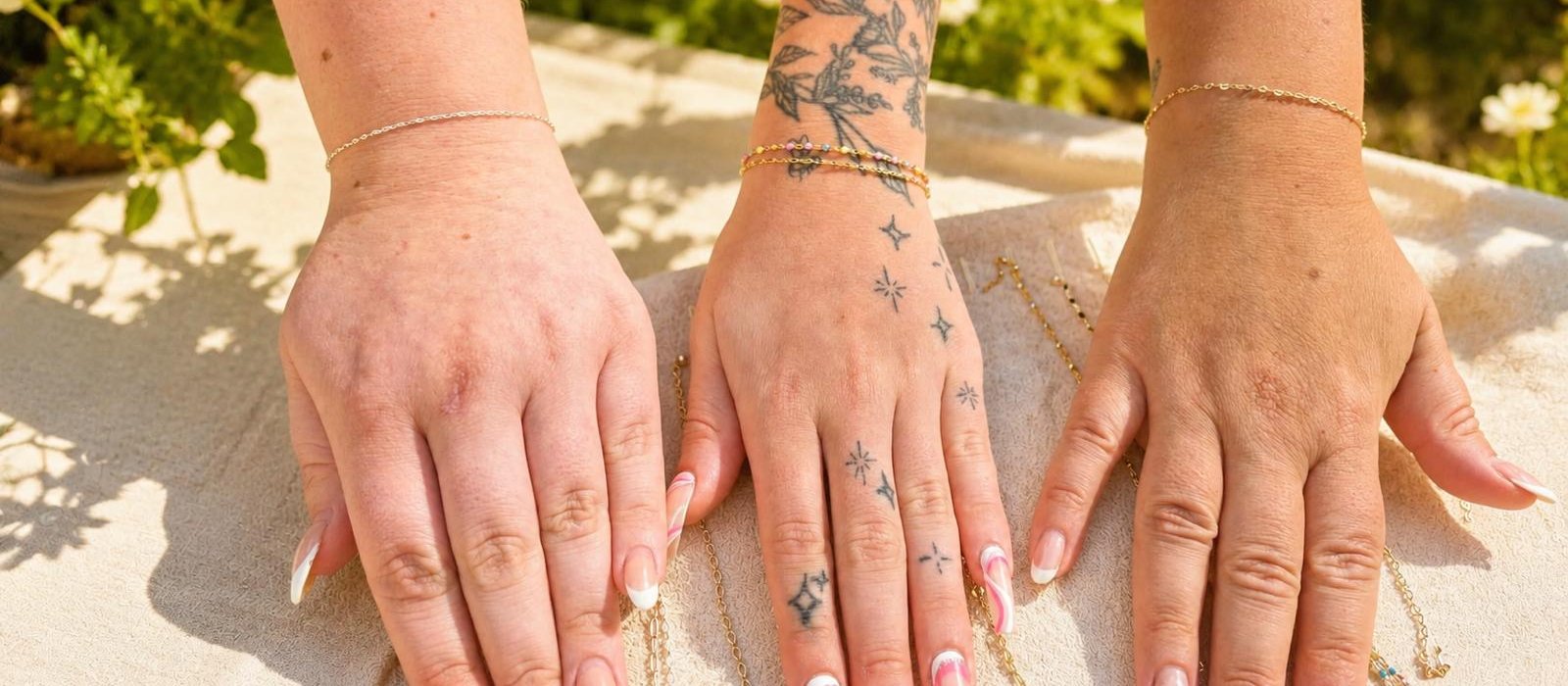 Hands wearing Loop and Links permanent gold bracelets resting on a sunlit table in Chilliwack, BC