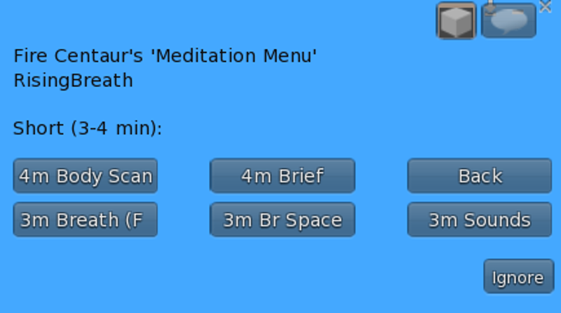 3-minute breathing meditation submenu in Second Life