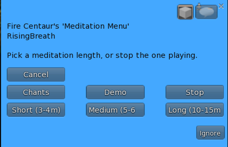 Meditation signpost menu in Second Life showing Short, Medium, Long, Chants options