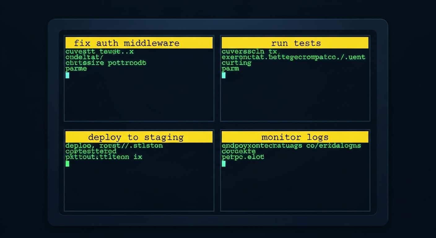 Dark terminal split into four glowing panes each labeled with a yellow banner showing the current task