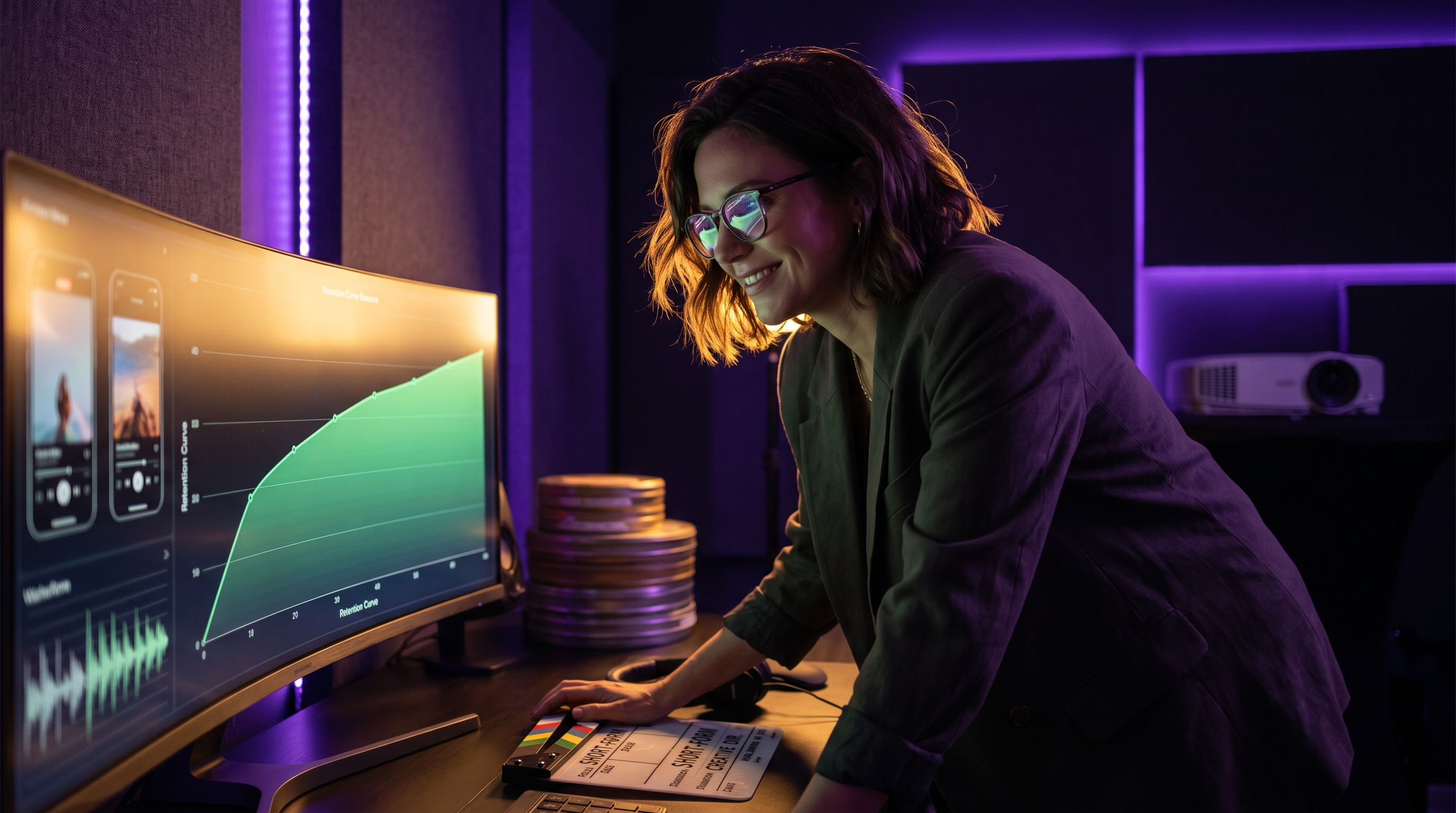 Rae, the viral-video strategist persona, studying a retention-curve graph at an editing desk at night, a clapperboard reading "Short-Form Creative Dir." under her hand