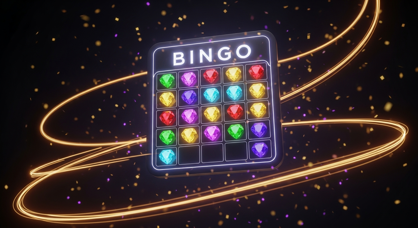 Glowing 5x5 bingo grid with luminous gemstone cells and Latin dance light trails on a dark background