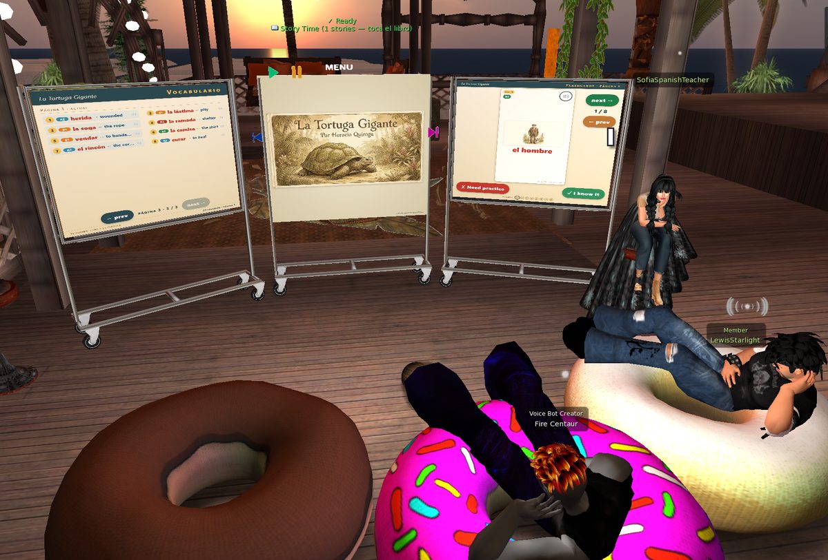 A glowing storybook kiosk in a Second Life rainforest with an AI avatar narrating beside it