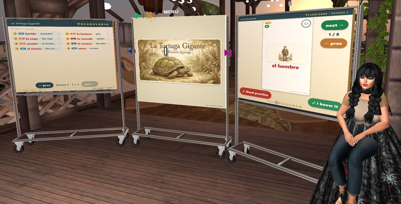 The companion side panels showing vocabulary and comprehension whiteboards in Second Life