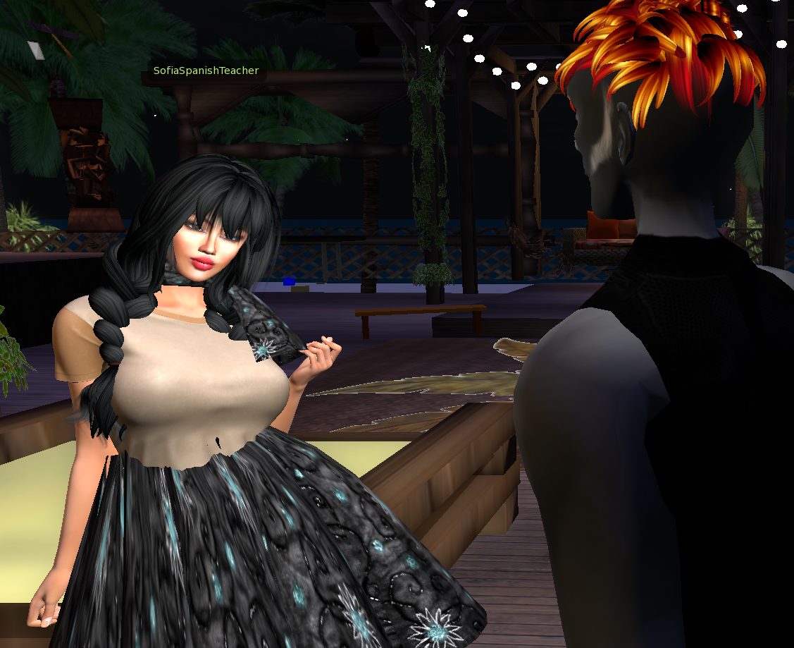 Sophia AI NPC bot speaking in Second Life with green voice bars above her avatar