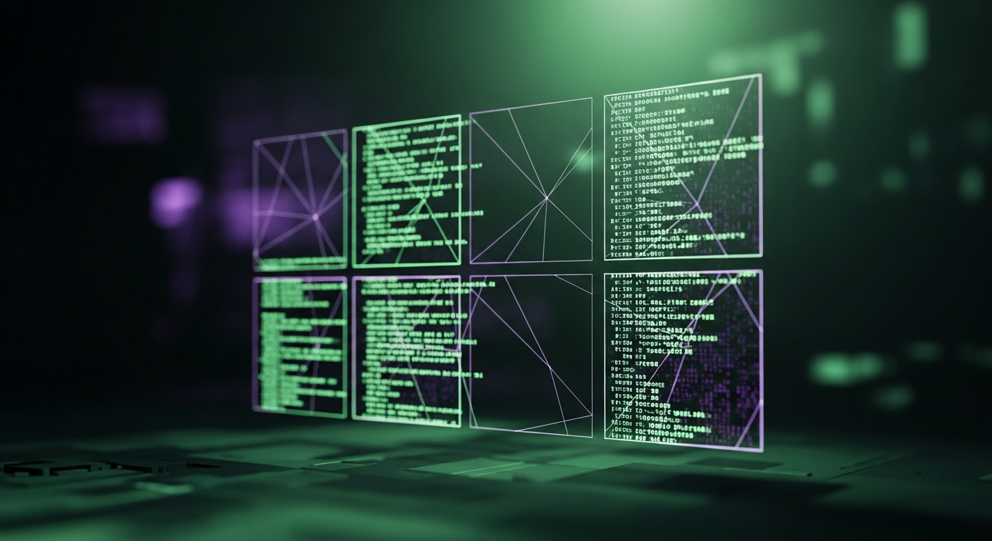 Dark terminal split into illuminated panes with cascading code in phosphor-green and violet