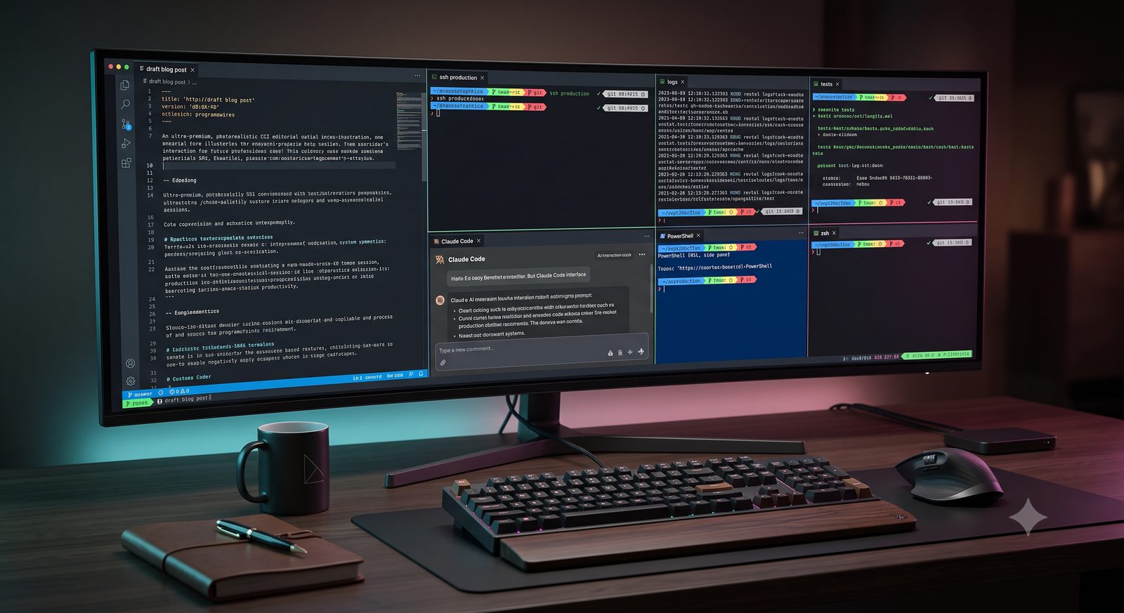 Ultrawide monitor showing a multi-pane terminal workspace — editor, SSH, logs, tests, a Claude Code session, PowerShell and zsh panes with colorful powerline prompts — on a wooden desk