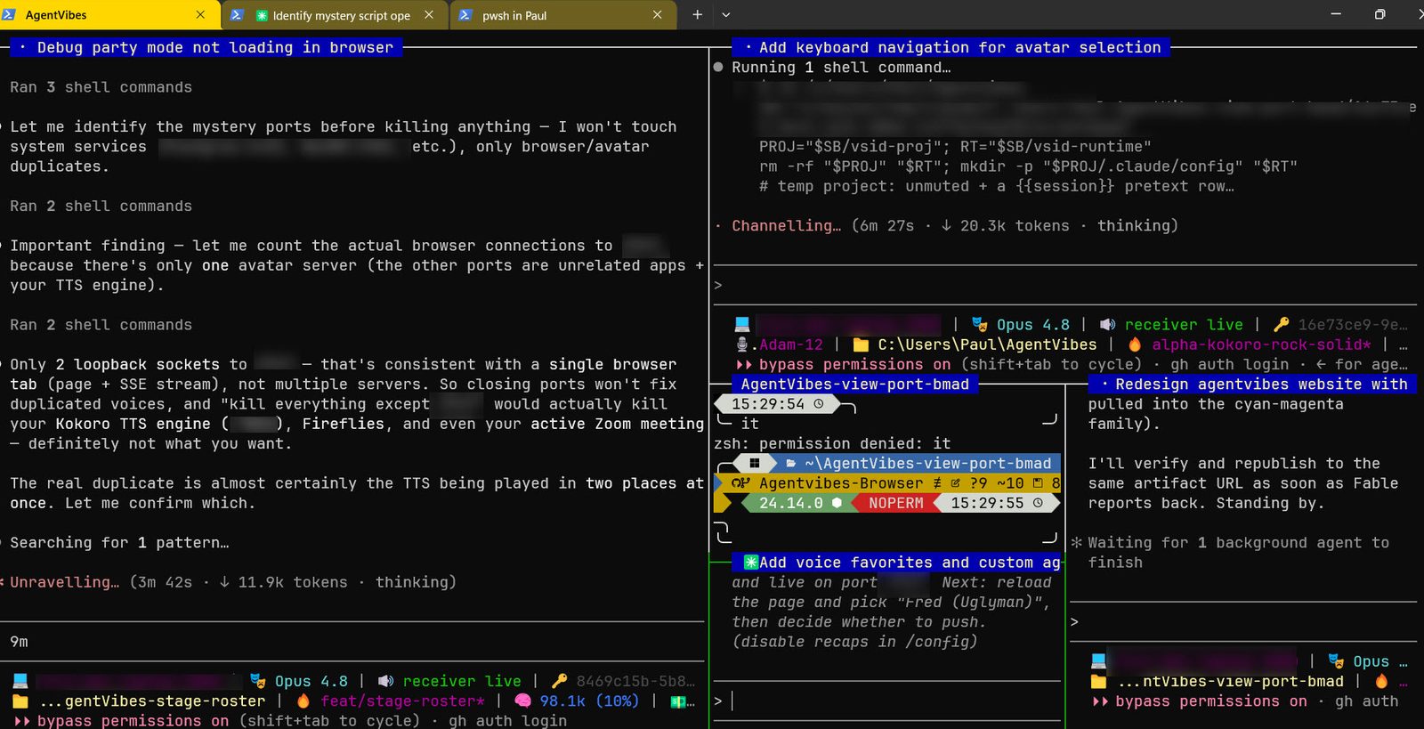 My actual tmux screen: each pane's highlighted top border is a self-titling label showing what that Claude Code agent is working on