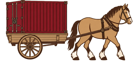 A horse pulling a cart that carries one sealed red shipping container